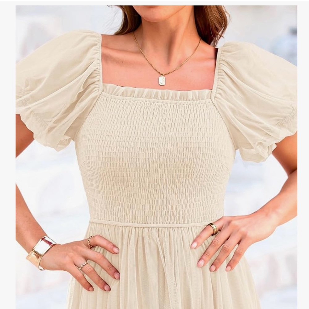 Women’s Elegant Cream Puff Sleeve Dress - Picture 3 of 7